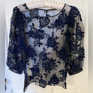 Vintage 80s Pinky and Dianne Black Tulle & Navy Velvet Top, Jet Beads. Sz S